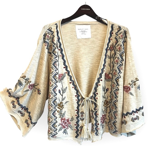 Karyn SEO Embroidered Beige kimono Cardigan Sweater, asymmetric oversized size S - Picture 2 of 13